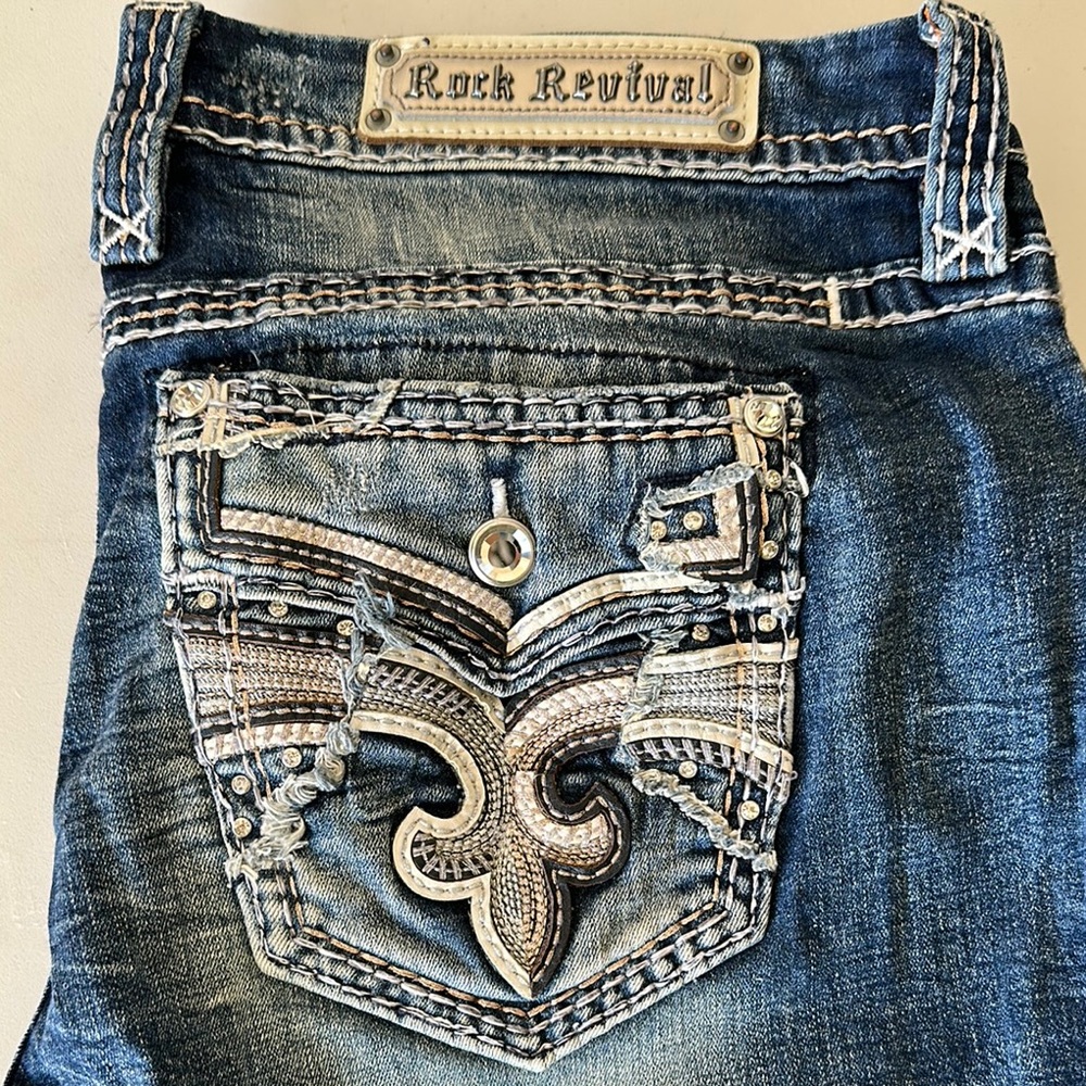 Rock Revival Blue Straight Leg Jeans with Ornate Design